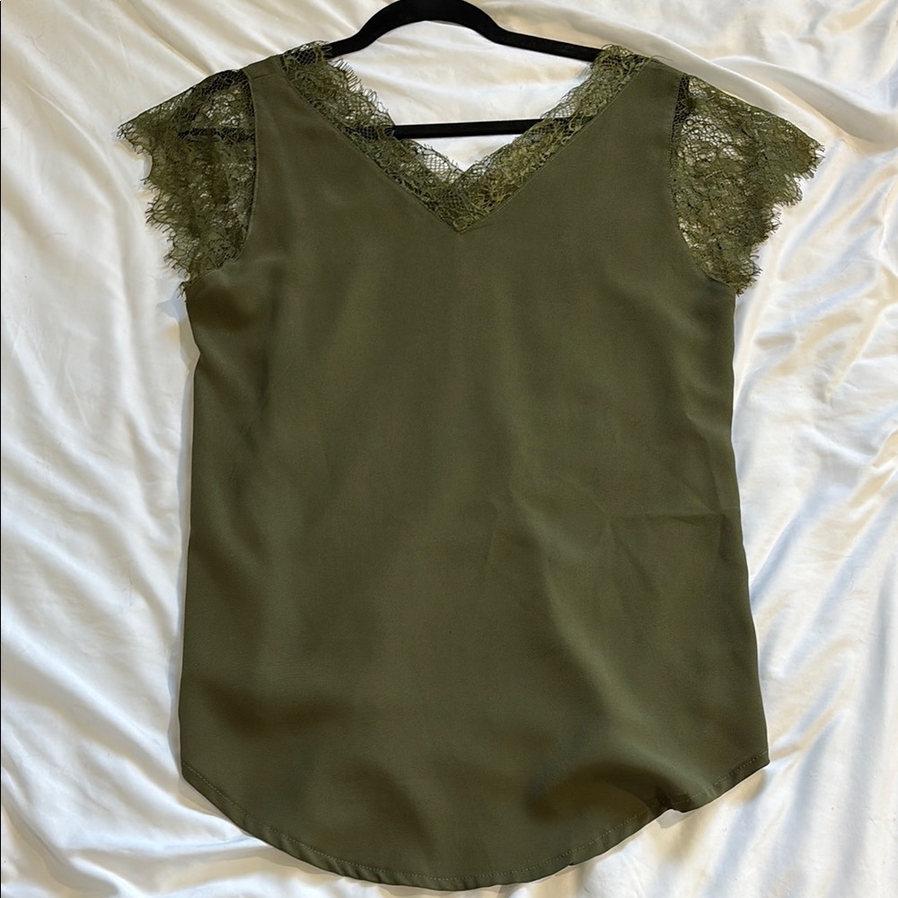 Olive Lace Trim V-Neck Women's Top